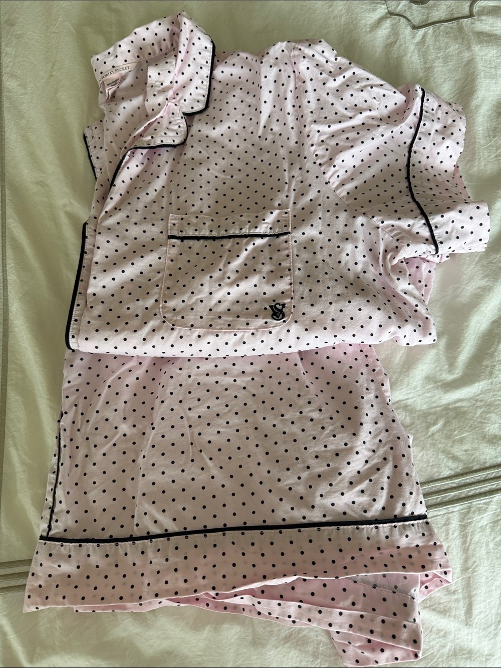 Victoria's Secret Light Pink Polka Dot Pajama Set with Black Trim